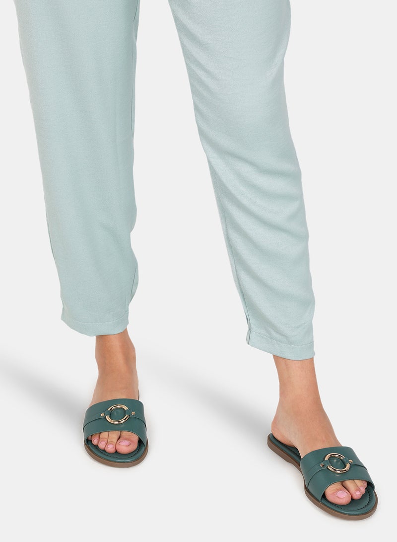 Aila - Buckle Detail Strap Slides Olive/Silver - Image 1