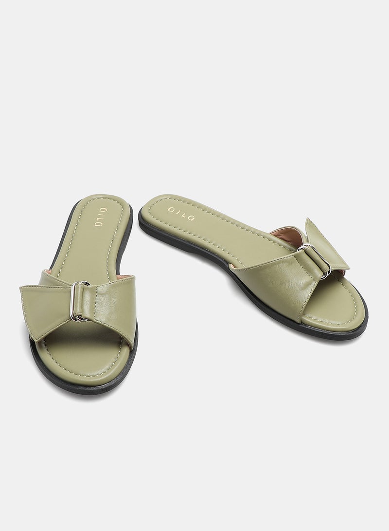 Aila - Solid Pattern Criss-Cross Strap Slides Olive - Image 1