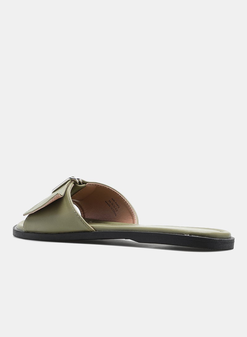 Aila - Solid Pattern Criss-Cross Strap Slides Olive - Image 1