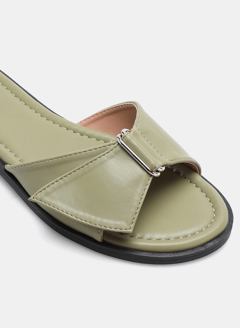 Aila - Solid Pattern Criss-Cross Strap Slides Olive - Image 1
