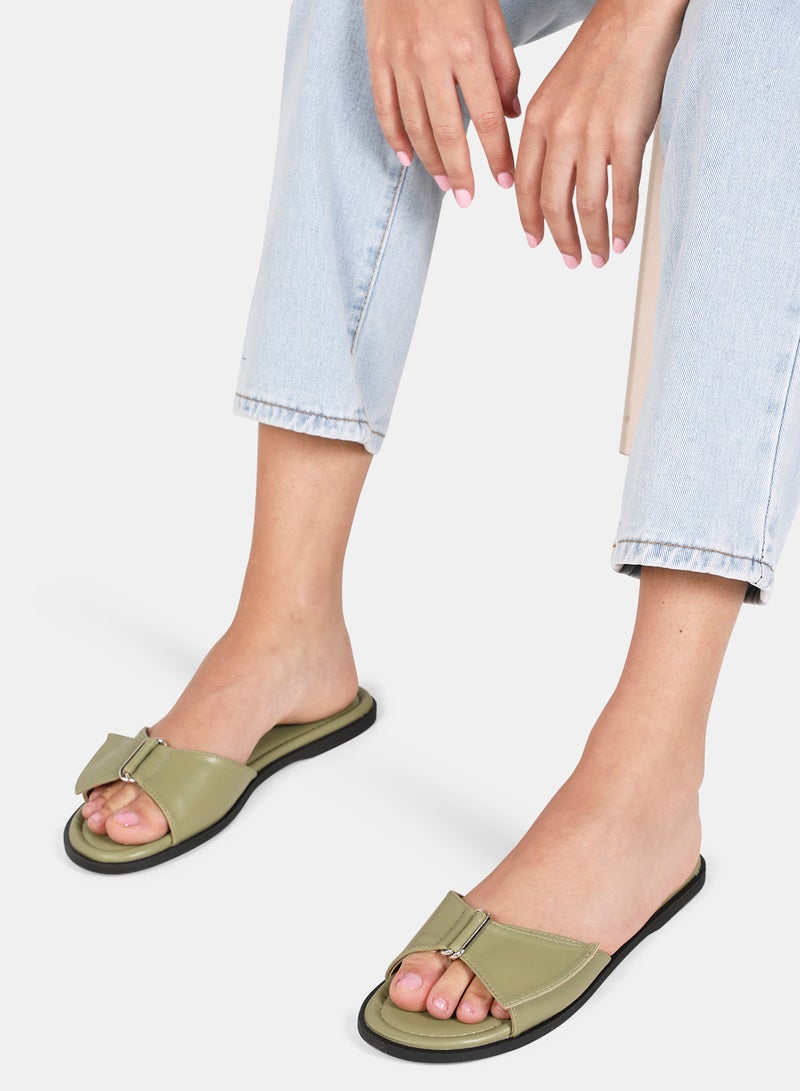 Aila - Solid Pattern Criss-Cross Strap Slides Olive - Image 1