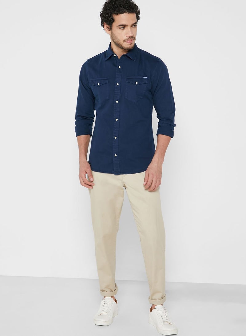 JACK & JONES Solid Pattern Slim Fit Denim Shirt Navy Blue - Image 4