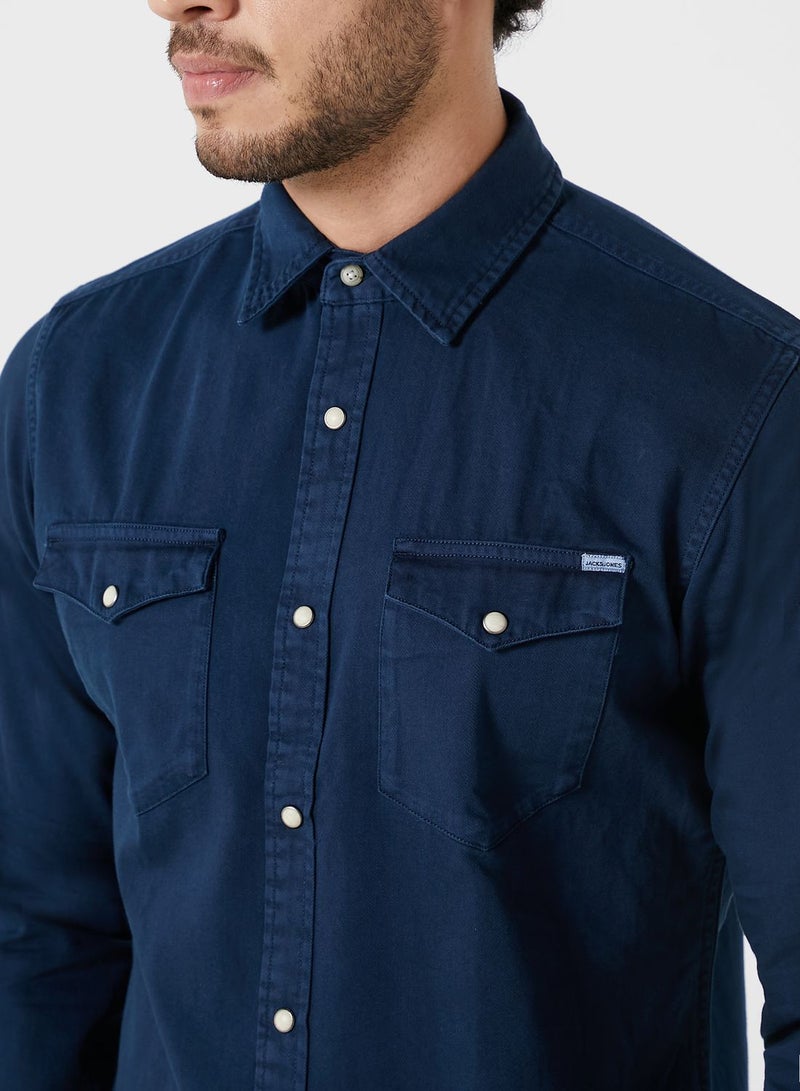 JACK & JONES Solid Pattern Slim Fit Denim Shirt Navy Blue - Image 3