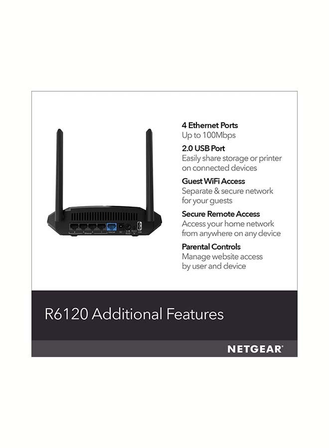 NETGEAR - WiFi Router (R6120) - AC1200 Dual Band Wireless Speed (up to 1200 Mbps) | Up to 1200 sq ft Coverage & 20 Devices | 4 x 10/100 Fast Ethernet and 1 x 2.0 USB ports Black - Image 1