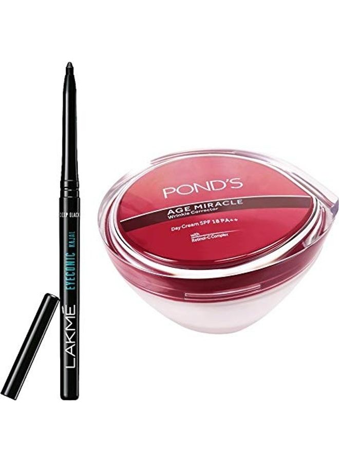 LAKME Set Of 2 Eyeconic Kajal & POND'S Age Miracle Wrinkle Corrector SPF 18 PA++ Day Cream Deep Black - Image 1