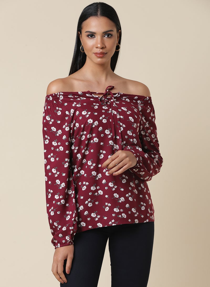 Aila - Floral Printed Off Shoulder Top Burgundy/Green/White - Image 1