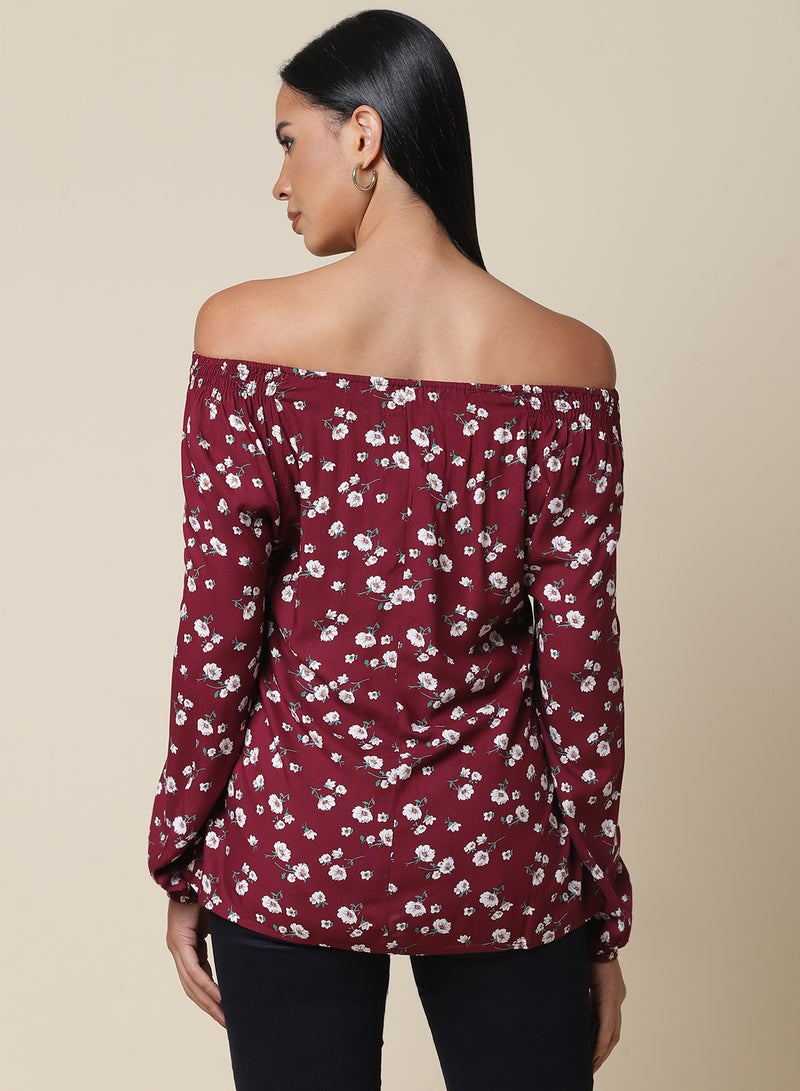 Aila - Floral Printed Off Shoulder Top Burgundy/Green/White - Image 1