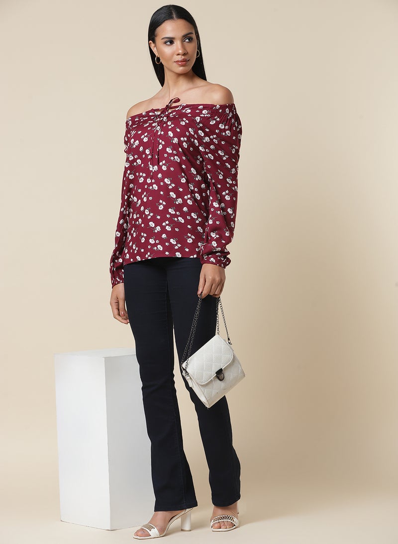 Aila - Floral Printed Off Shoulder Top Burgundy/Green/White - Image 1