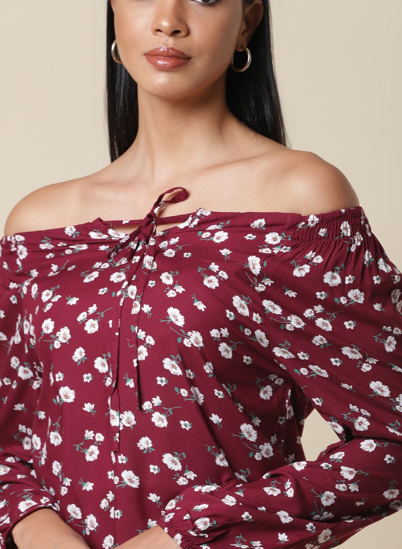 Aila - Floral Printed Off Shoulder Top Burgundy/Green/White - Image 1
