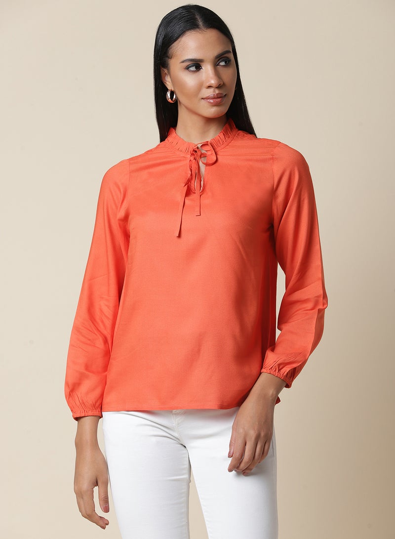 Aila Solid Pattern Keyhole Neck Top Orange  - Image 1