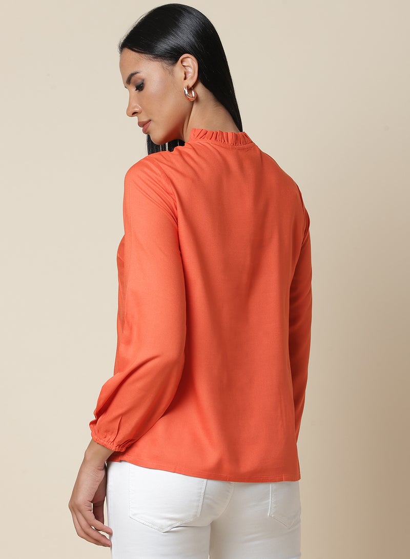 Aila Solid Pattern Keyhole Neck Top Orange  - Image 2