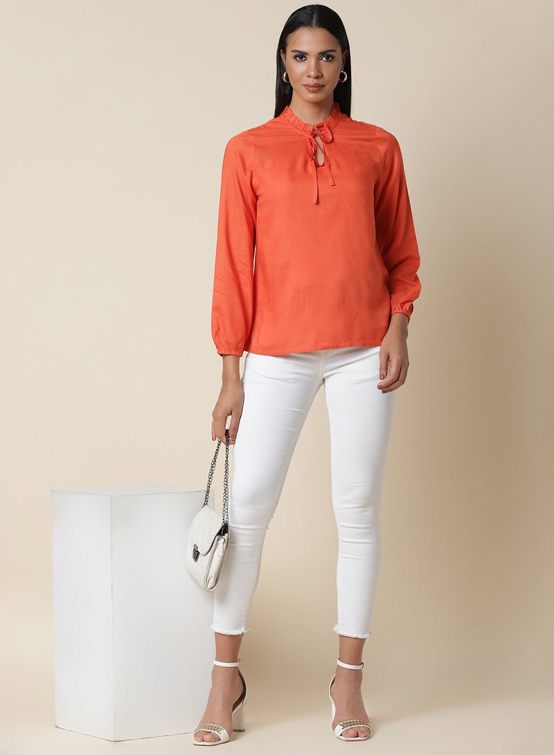 Aila Solid Pattern Keyhole Neck Top Orange  - Image 4