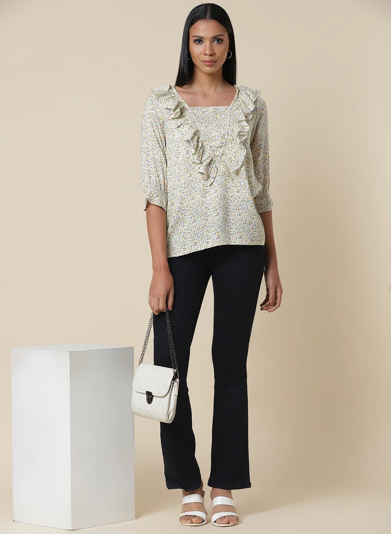 Aila Floral Printed Ruffle Detail Top Multicolour