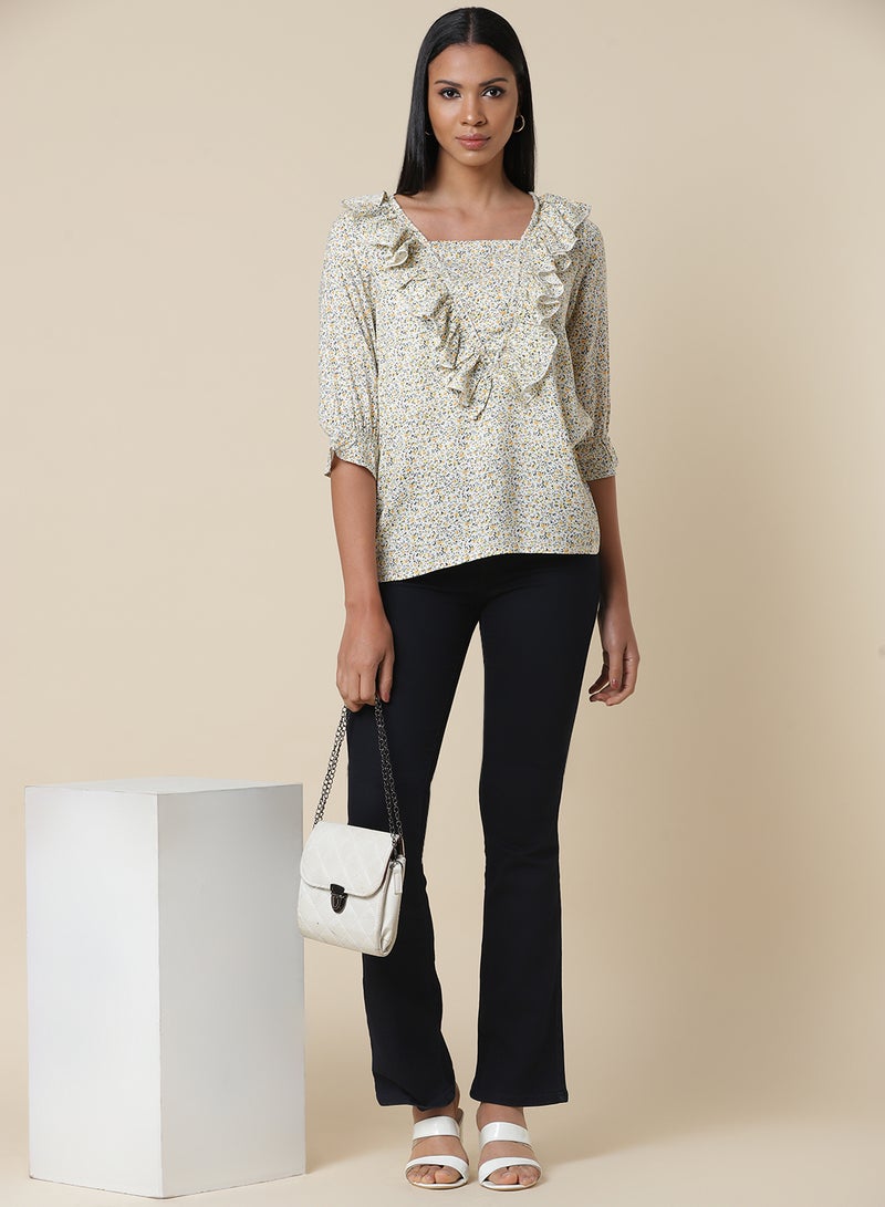 Aila - Floral Printed Ruffle Detail Top Multicolour - Image 1