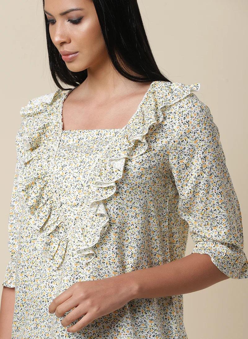 Aila Floral Printed Ruffle Detail Top Multicolour