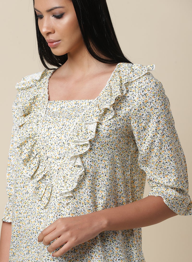 Aila - Floral Printed Ruffle Detail Top Multicolour - Image 1