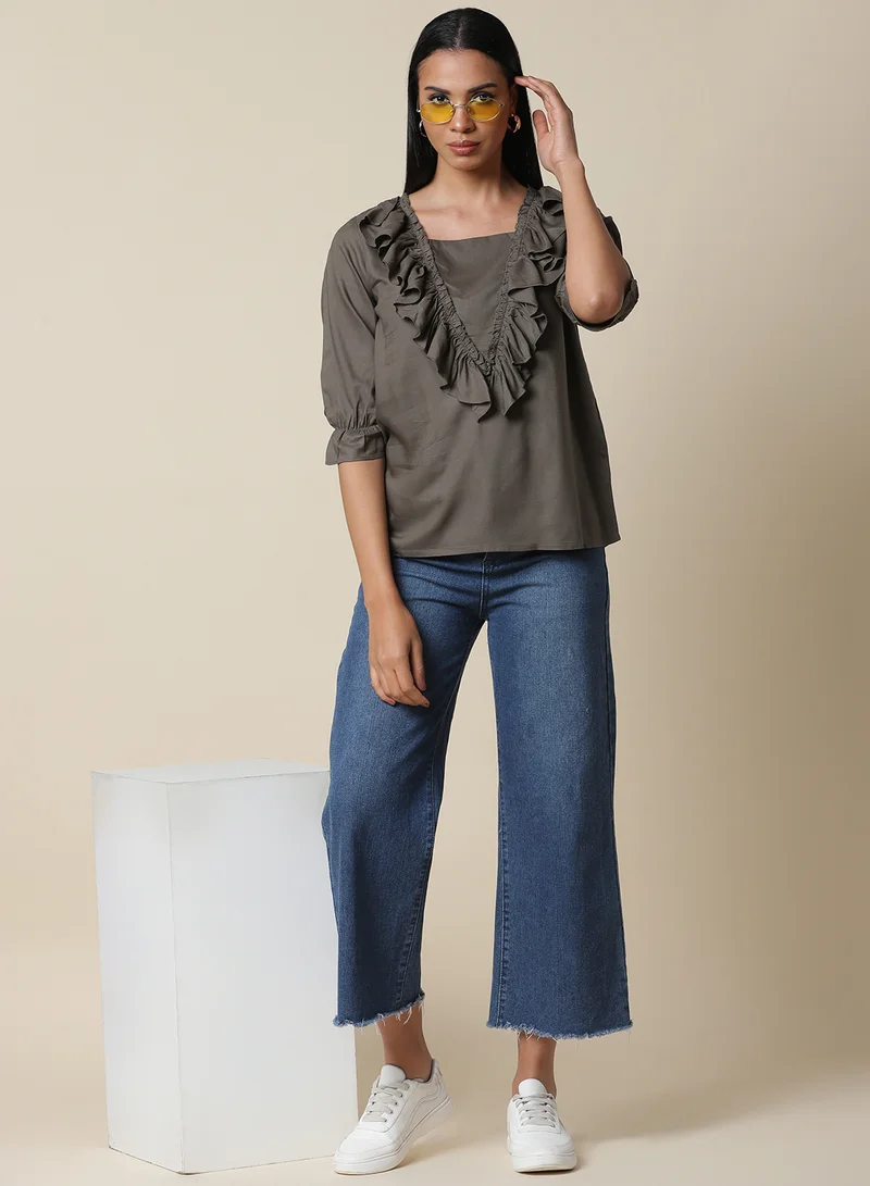 Aila Solid Pattern Ruffle Detail Top Olive