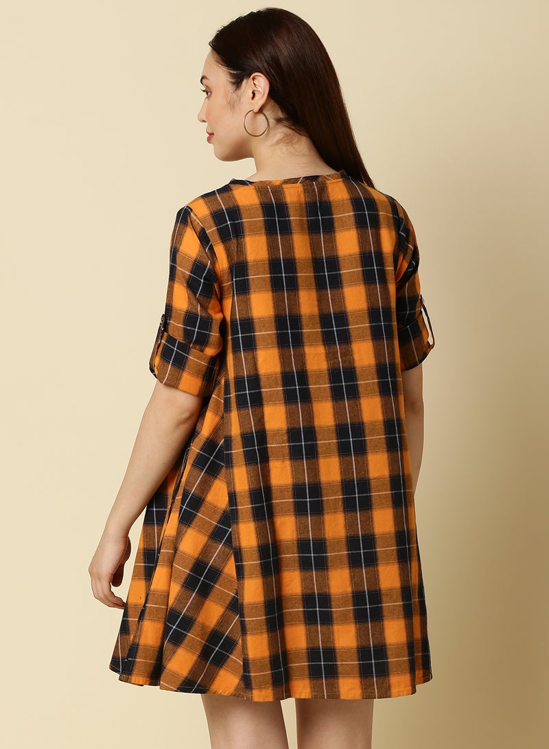 OFFROAD - Round Neck Checkered Mini Dress Multicolour - Image 1