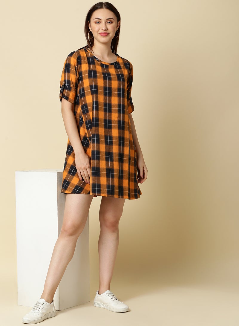 OFFROAD - Round Neck Checkered Mini Dress Multicolour - Image 1