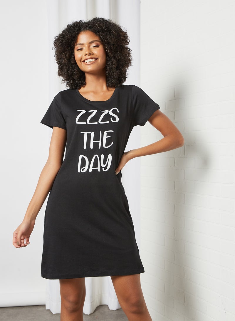 DELA Slogan Printed Loungewear Nightdress Black  - Image 1