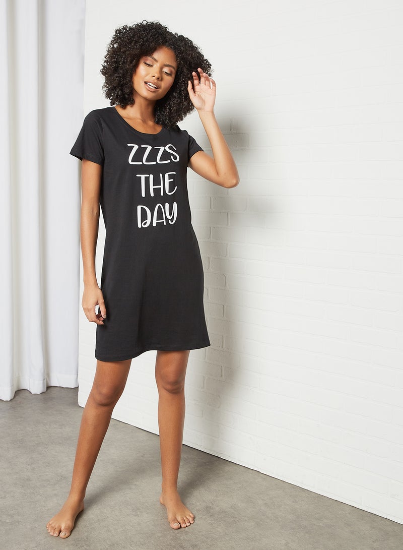 DELA Slogan Printed Loungewear Nightdress Black  - Image 3