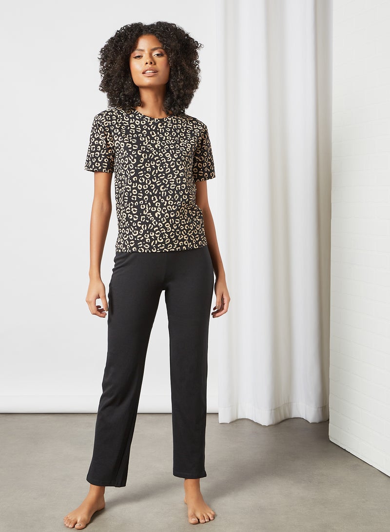 DELA - Animal Printed Loungewear T-Shirt Black/Beige - Image 1