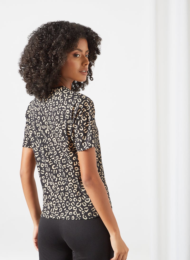 DELA - Animal Printed Loungewear T-Shirt Black/Beige - Image 1
