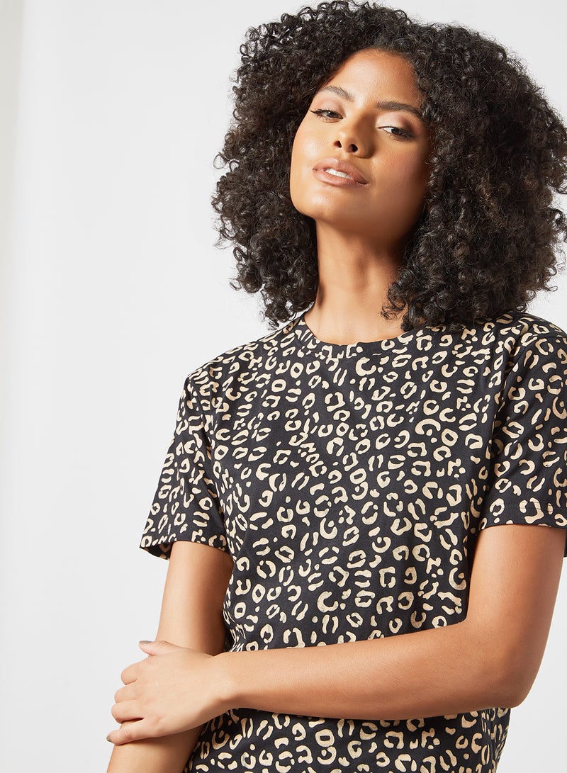 DELA - Animal Printed Loungewear T-Shirt Black/Beige - Image 1