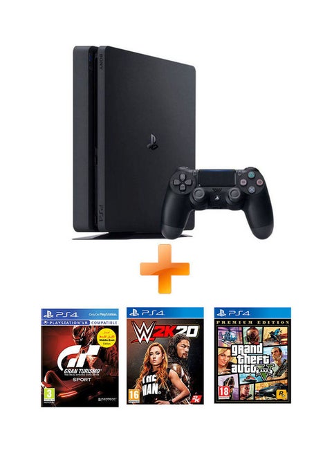 جهاز ألعاب بلايستيشن 4 سليم سعة 1 تيرابايت مع ألعاب الفيديو "Wwe 2K20" (إصدار عالمي) و"Gran Turismo: The Real Driving Simulator" و"Grand Theft Auto V Premium Edition"