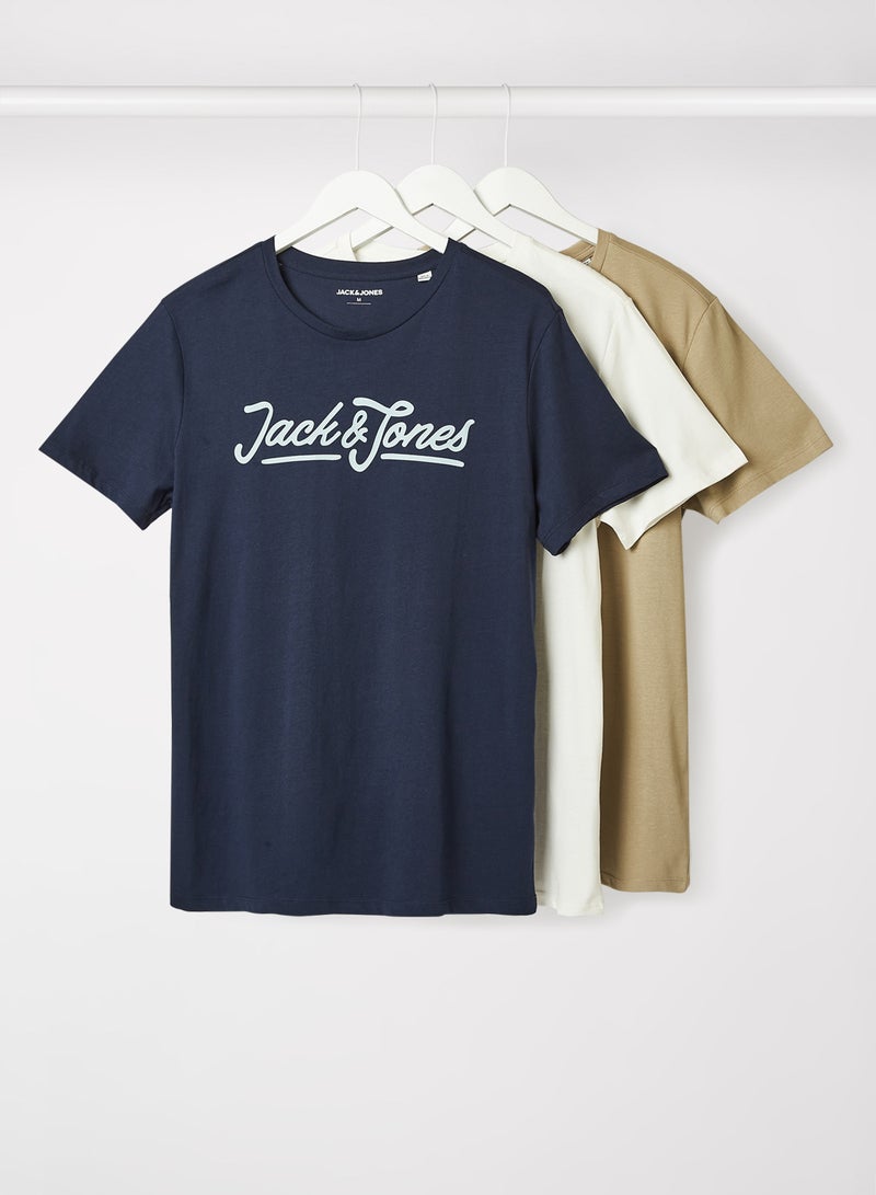 JACK & JONES - Logo T-Shirt (Pack of 3) Navy/White/Brown - Image 1