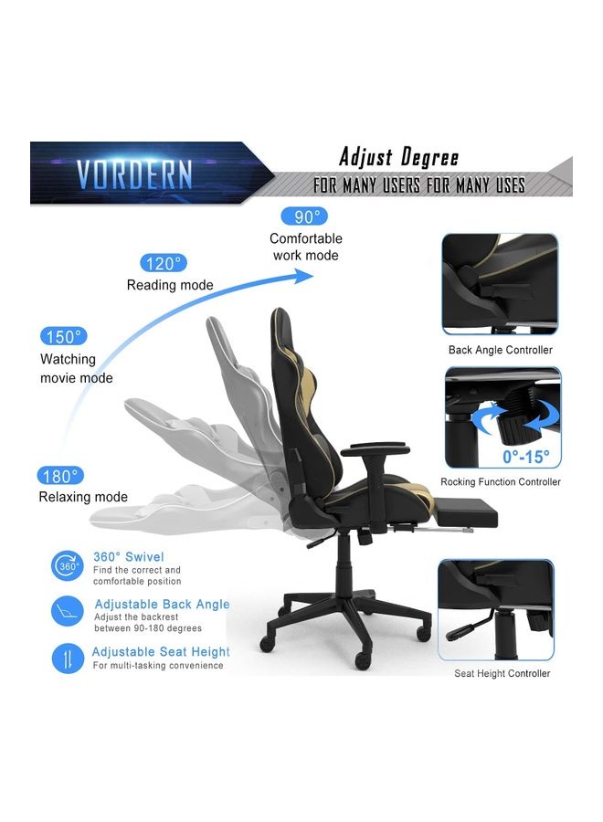 VORDERN - PU Leather Desk PC Racing Executive Ergonomic Adjustable Swivel Task Chair with Headrest and Lumbar Support Golden - Image 1