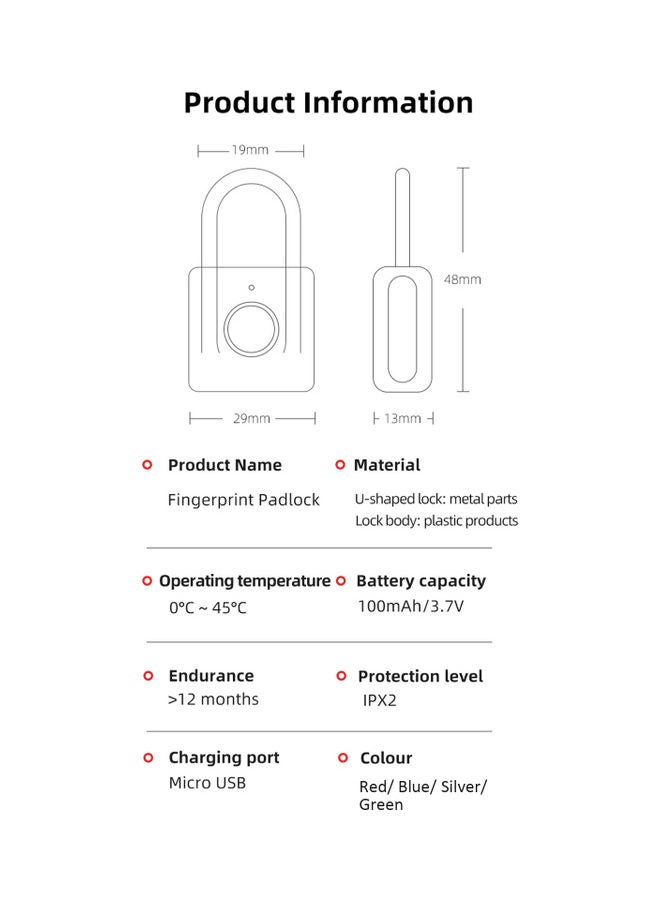 Keyless Smart Touch Fingerprint Padlock Blue/Black/Silver 24.5x10x11.3cm  - Image 5