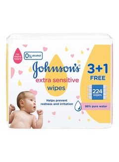 Johnson's Baby Extra Sensitive Wipes With 98% Pure Water, 3+1 Packs of 56 Wipes, 224 count  - Image 1