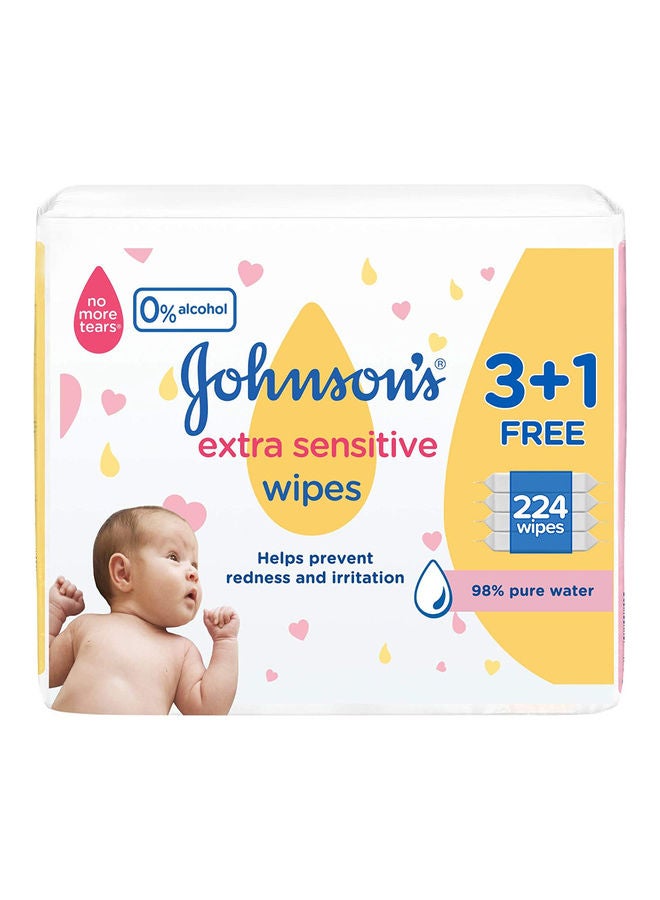 Johnson's Baby Extra Sensitive Wipes With 98% Pure Water, 3+1 Packs of 56 Wipes, 224 count  - Image 1