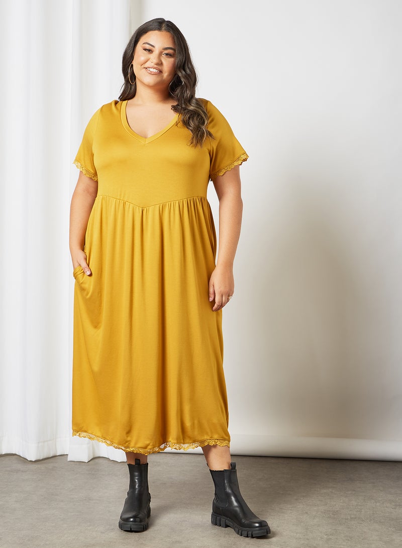Vero Moda Curve Curve Lace Trim Midi Dress Mustard  - Image 1
