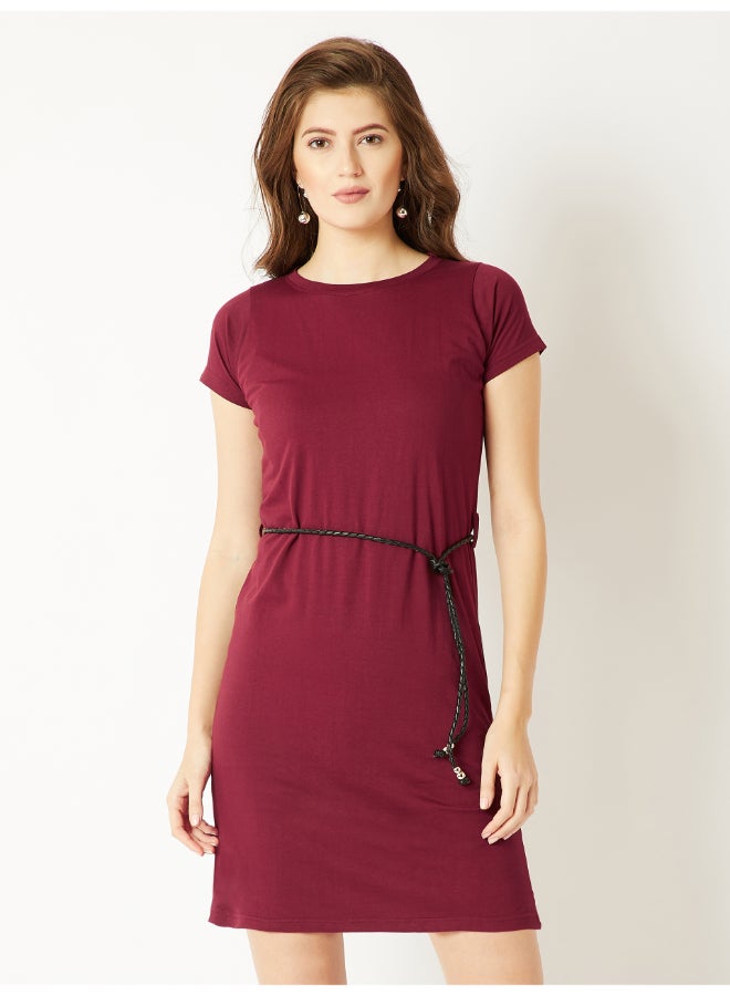 Miss Chase - Parting Clouds Belted T-Shirt Dress Maroon/Red - Image 1