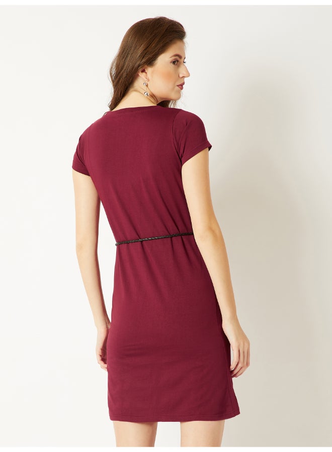 Miss Chase - Parting Clouds Belted T-Shirt Dress Maroon/Red - Image 1