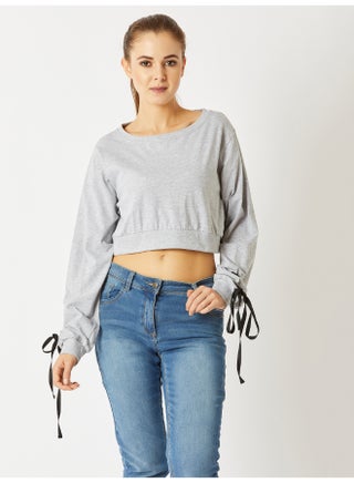 Smoking Guns Eyelet Sleeve Crop Top Grey