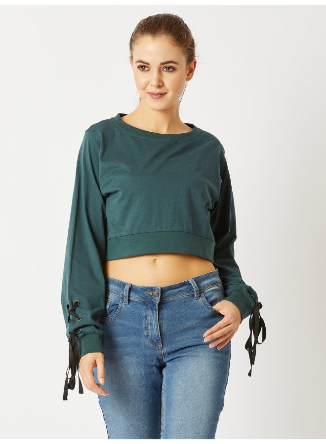 Miss Chase Smoking Guns Eyelet Sleeve Crop Top Green  - Image 1
