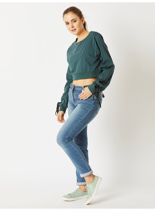 Miss Chase Smoking Guns Eyelet Sleeve Crop Top Green  - Image 3
