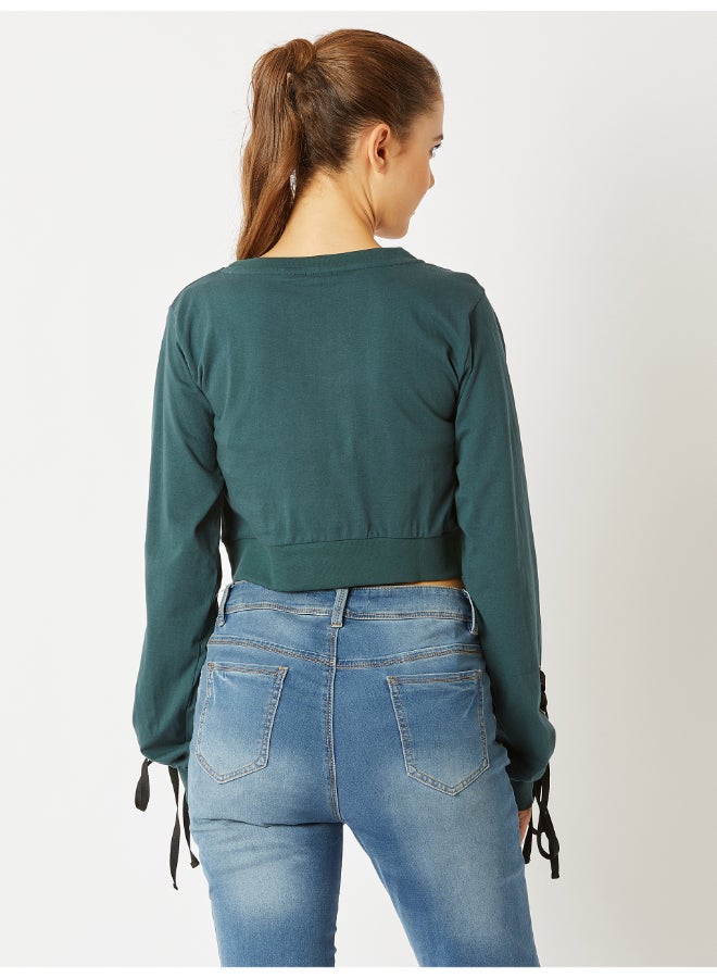 Miss Chase Smoking Guns Eyelet Sleeve Crop Top Green  - Image 2