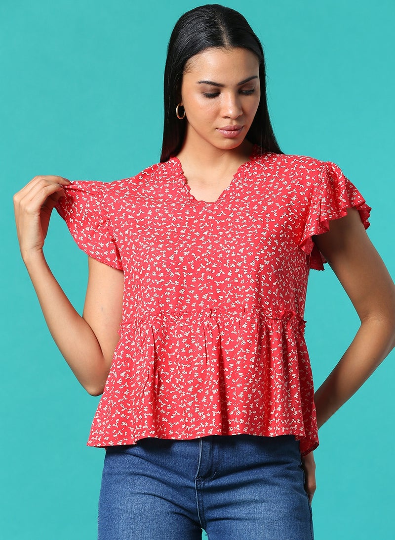 Aila Floral Printed Top Red/White  - Image 1
