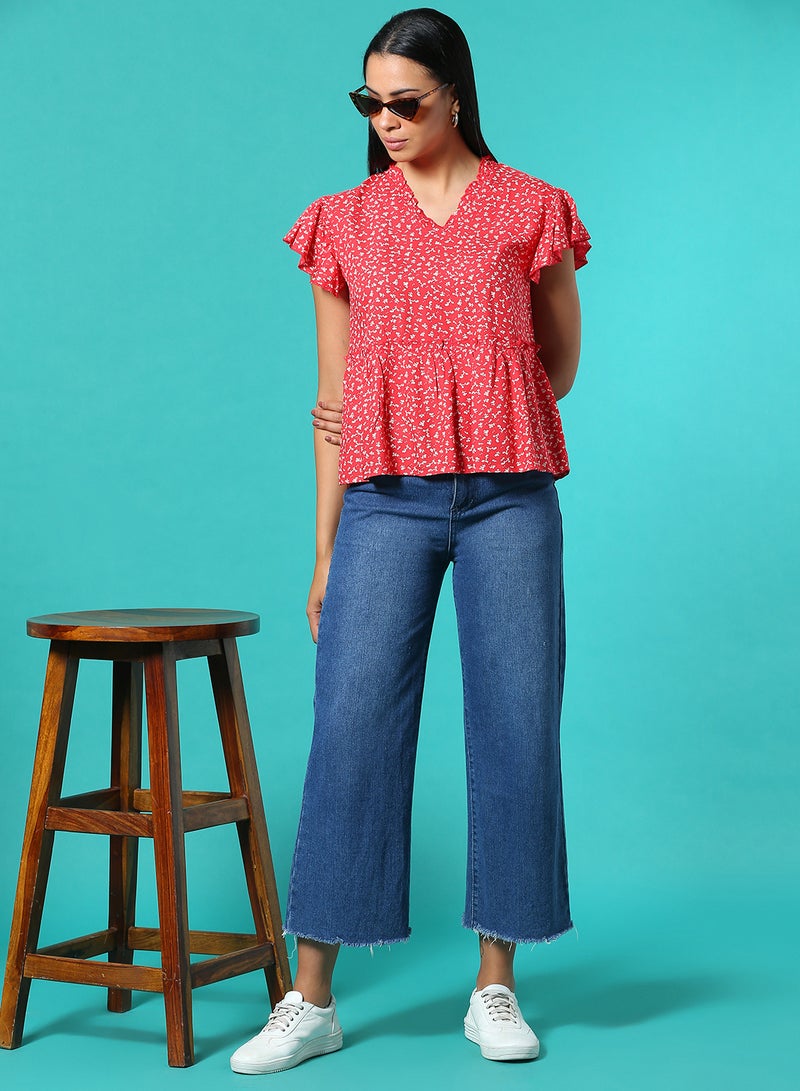 Aila Floral Printed Top Red/White  - Image 3