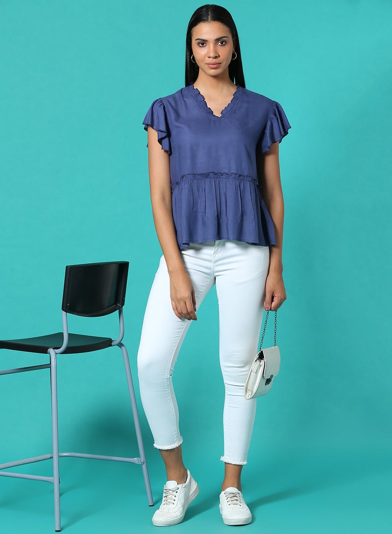 Aila Frill Detail Plain Top Indigo Blue  - Image 3