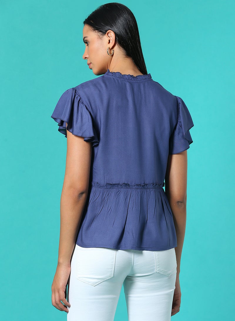 Aila Frill Detail Plain Top Indigo Blue  - Image 2