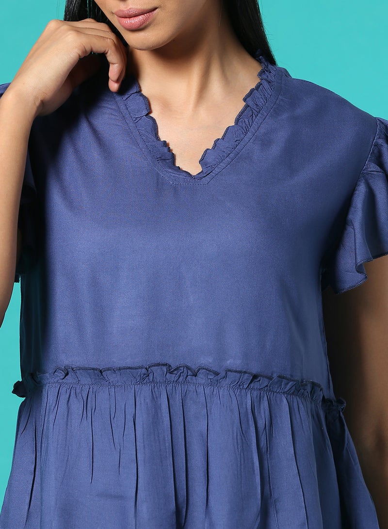 Aila Frill Detail Plain Top Indigo Blue  - Image 4