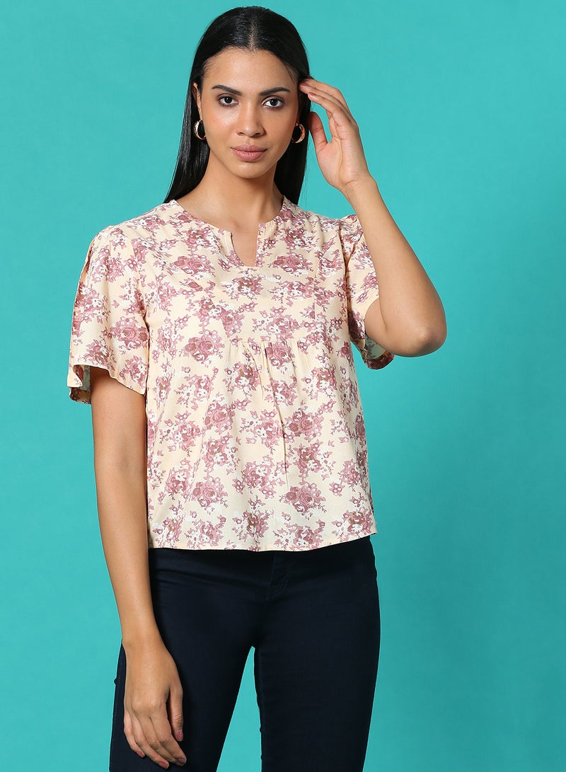 Aila - Casual Printed Top Cream/Brown/White - Image 1