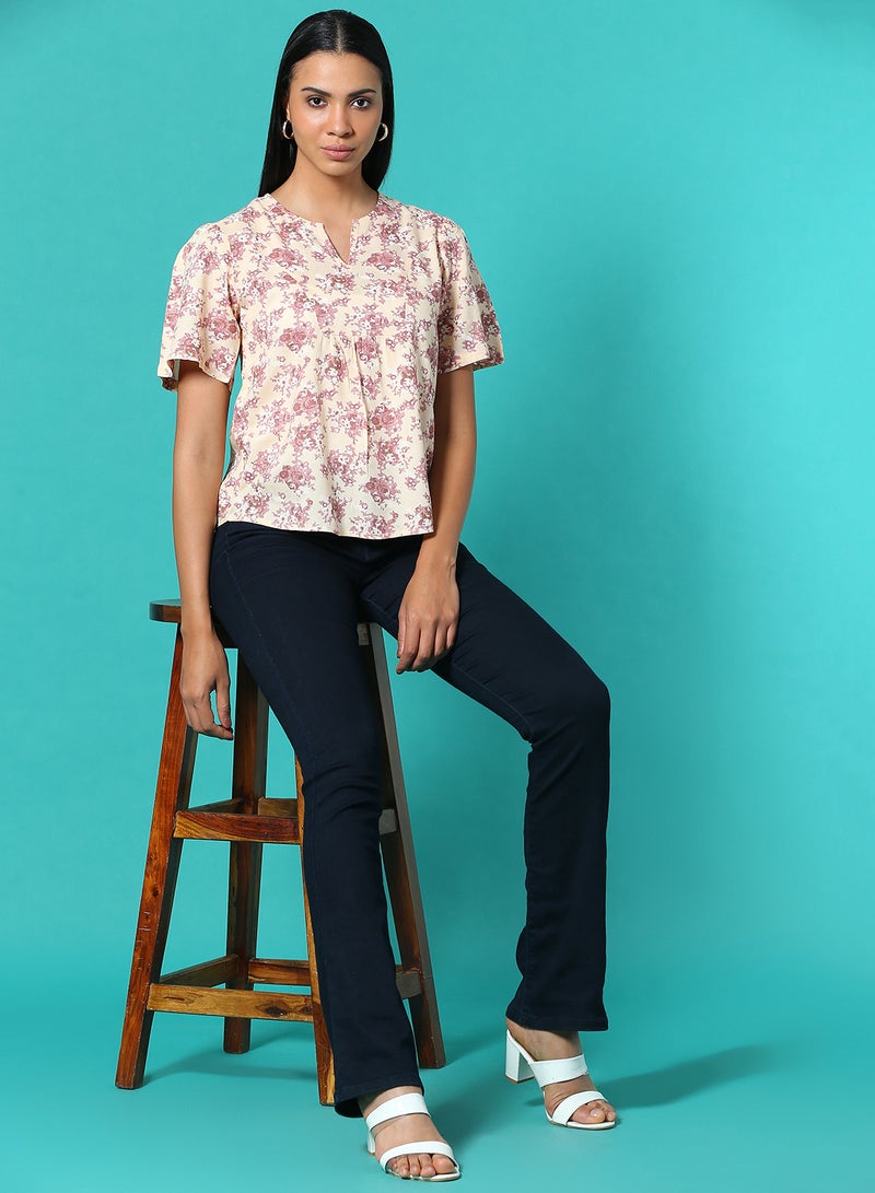Aila - Casual Printed Top Cream/Brown/White - Image 1