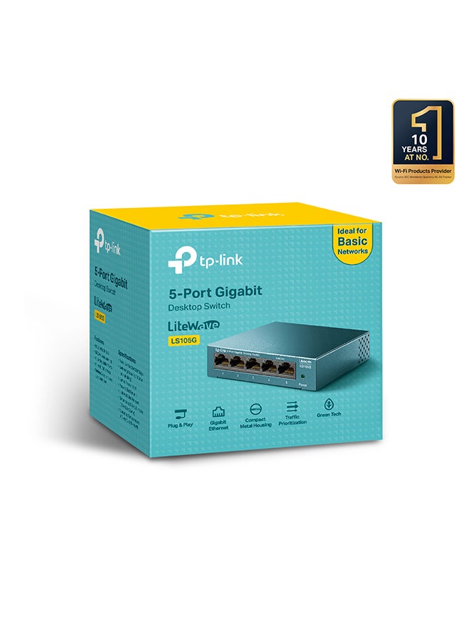 TP-LINK - LS105G 5-Port Gigabit Desktop Switch, Steel Body, Wall-Mounting Design, Auto-Negotiation, Traffic Prioritization, Plug & Play Blue - Image 1