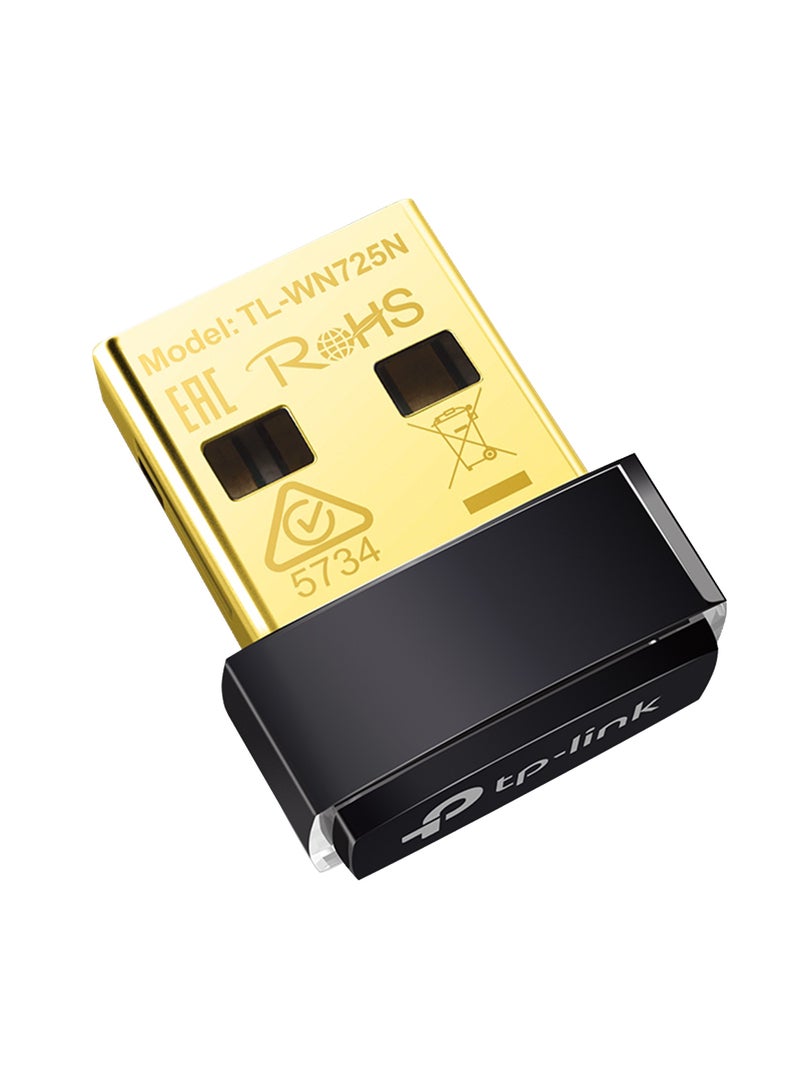 تي بي لينك - محول TL-WN725N N150 لاسلكي بوصلة USB لشبكات الواي فاي بحجم نانو لأجهزة الكمبيوتر واللابتوب يتوافق مع أنظمة ويندوز 10/8.1/8/7/XP وMac OS X ولينوكس أسود/ذهبي - Image 1